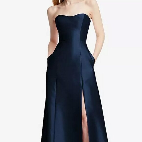 Alfred Sung Midnight Blue Strapless Satin A-Line Gown D842 - Picture 3 of 4
